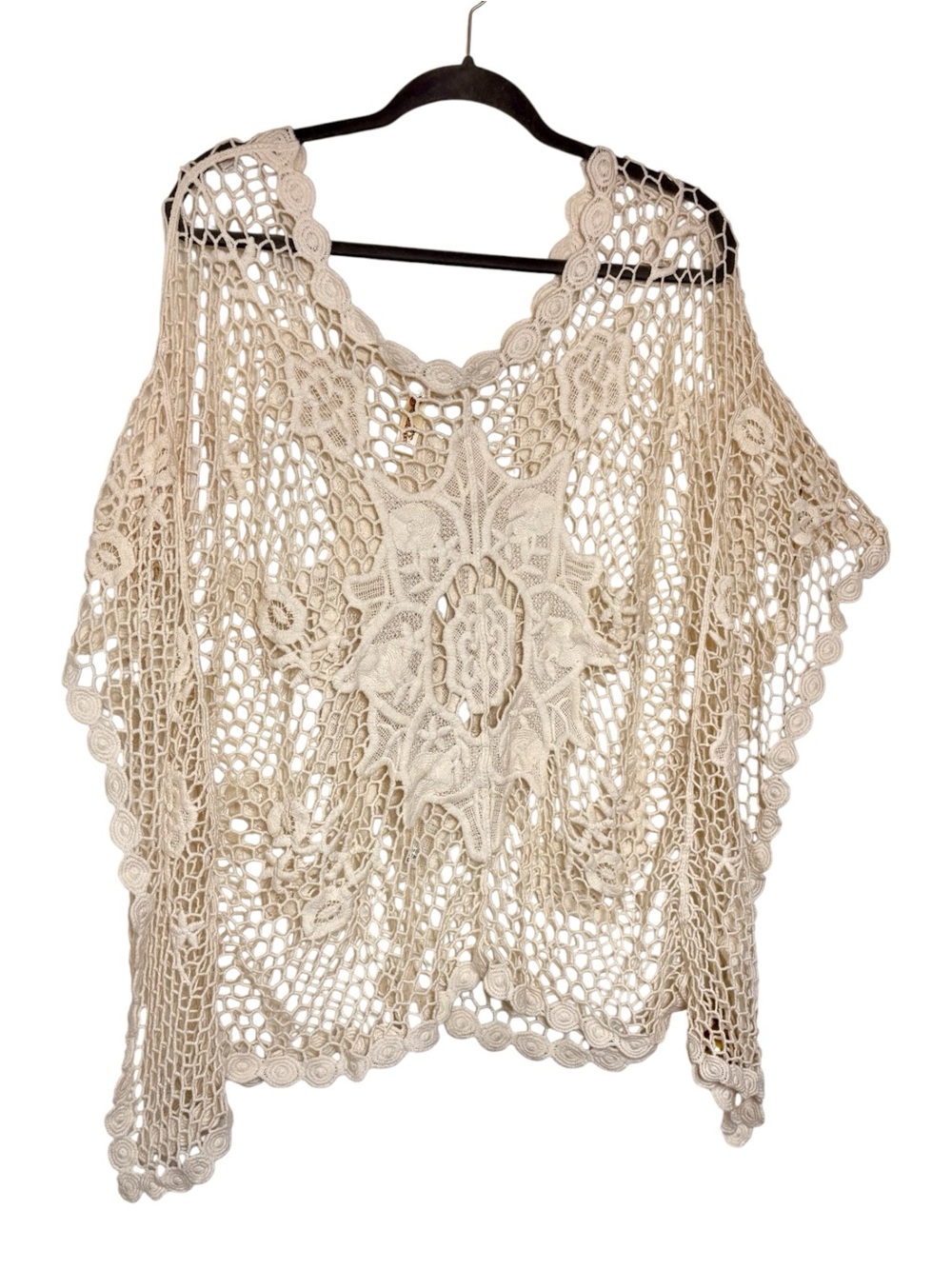 Shoreline Cream Crochet Poncho Cover Up Boho Festival Oversized L/XL